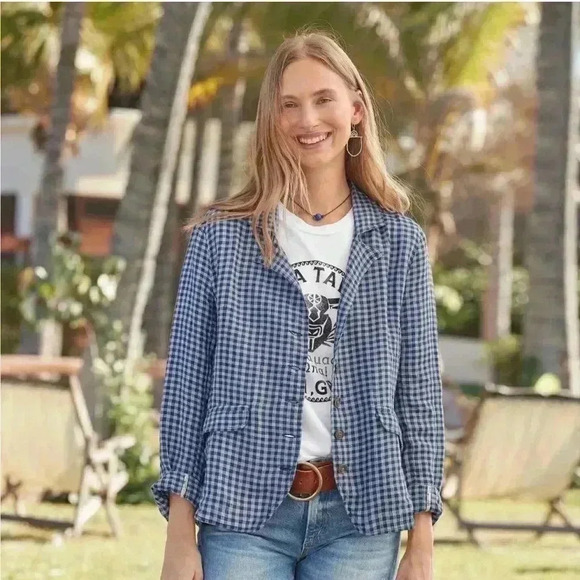 Sundance Catalog Ziri Blazer Linen Blue Checkered Button Up Jacket Sz PXXS - Picture 2 of 12